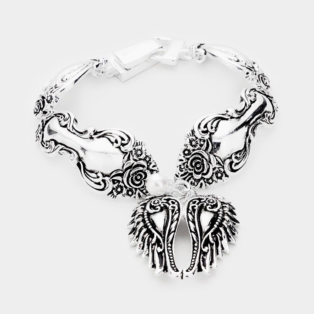 Antique Silver Angel Wings Charm Bracelet Magnetic Metal